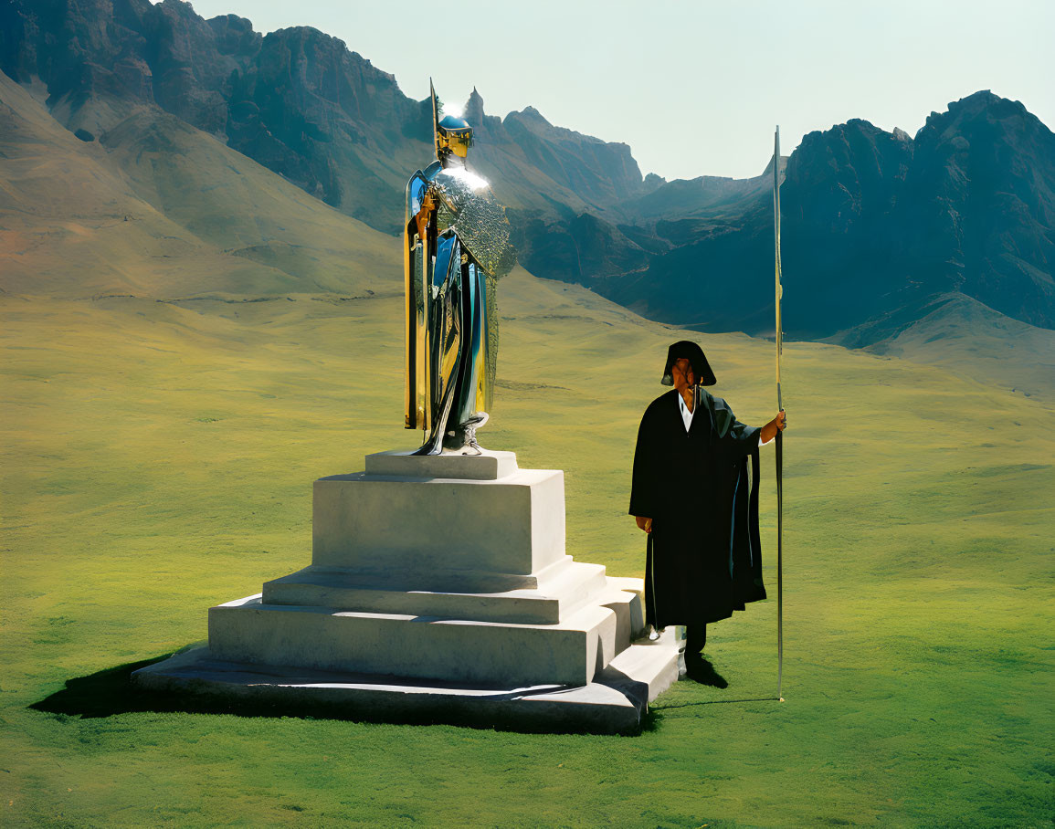 Black Cloaked Figure Beside Golden Helmeted Statue in Valley