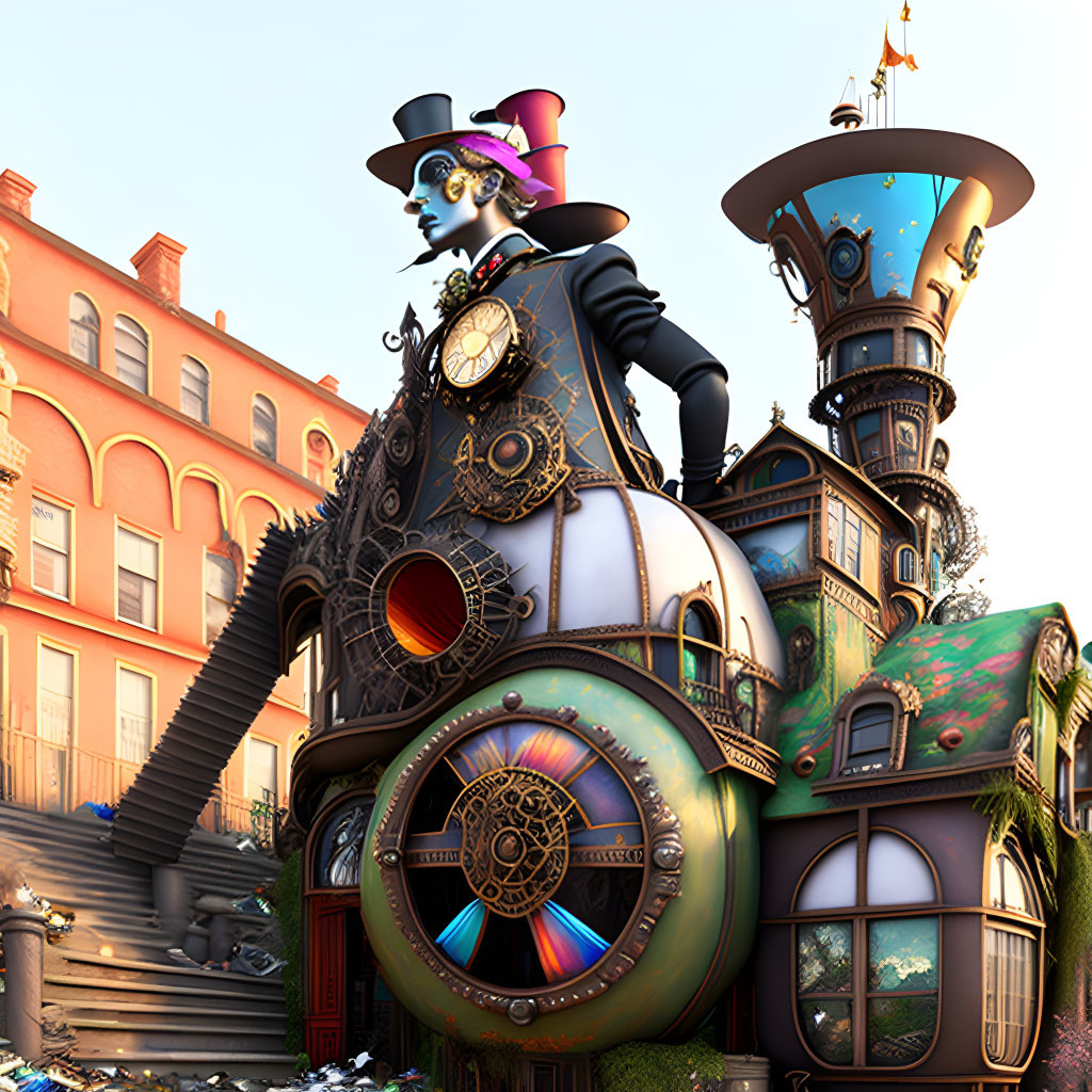 Steampunk robotic gentleman on clockwork house with gears.