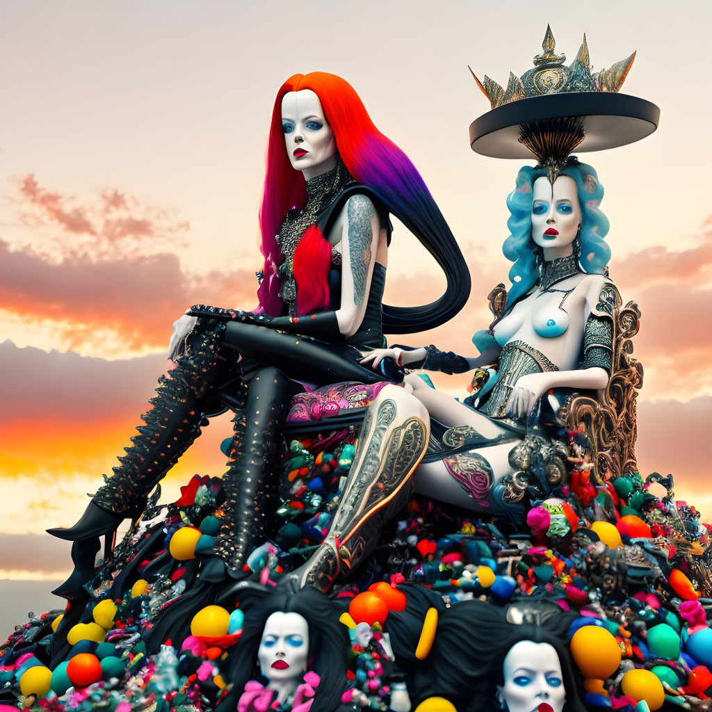 Vibrant female figures with multicolored hair on stylized heads mound