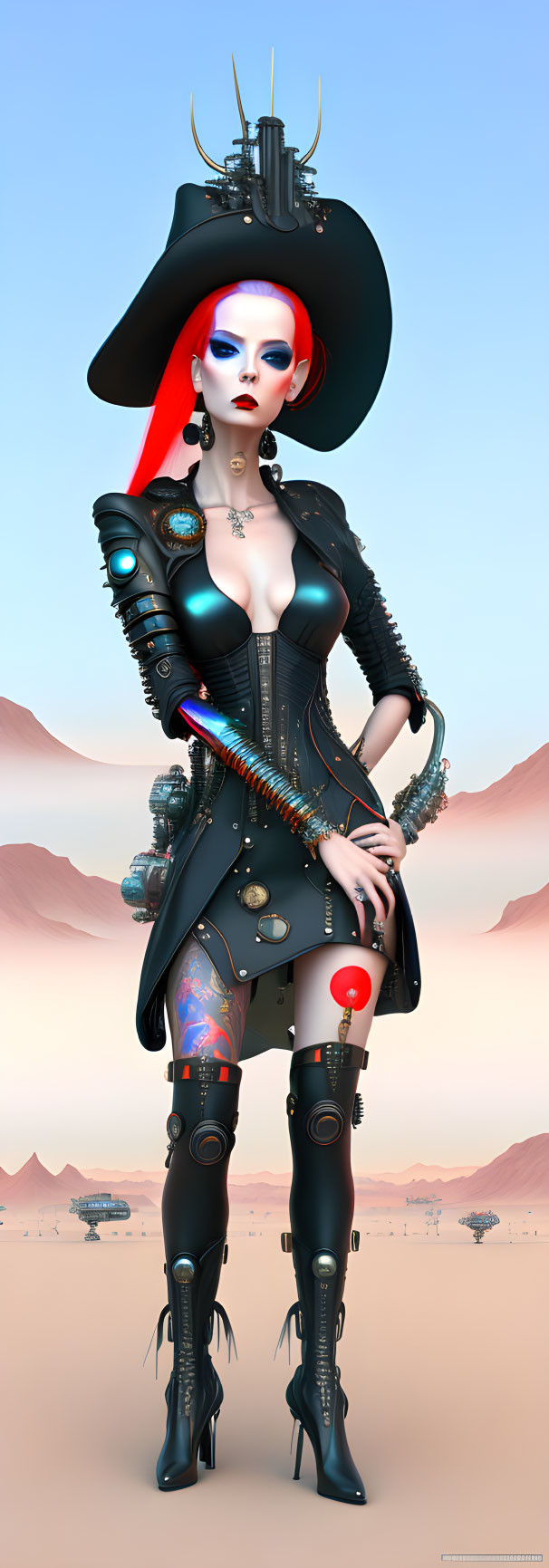 Red-haired futuristic pirate woman with cybernetic enhancements and large hat in desert setting