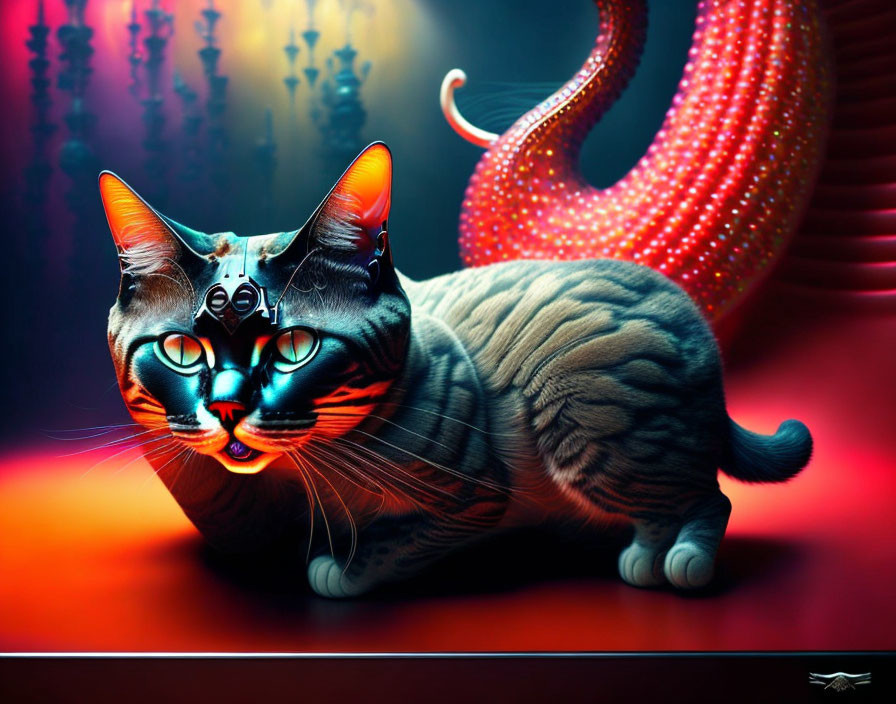 Surreal tabby cat with cybernetic enhancements in neon-lit scene