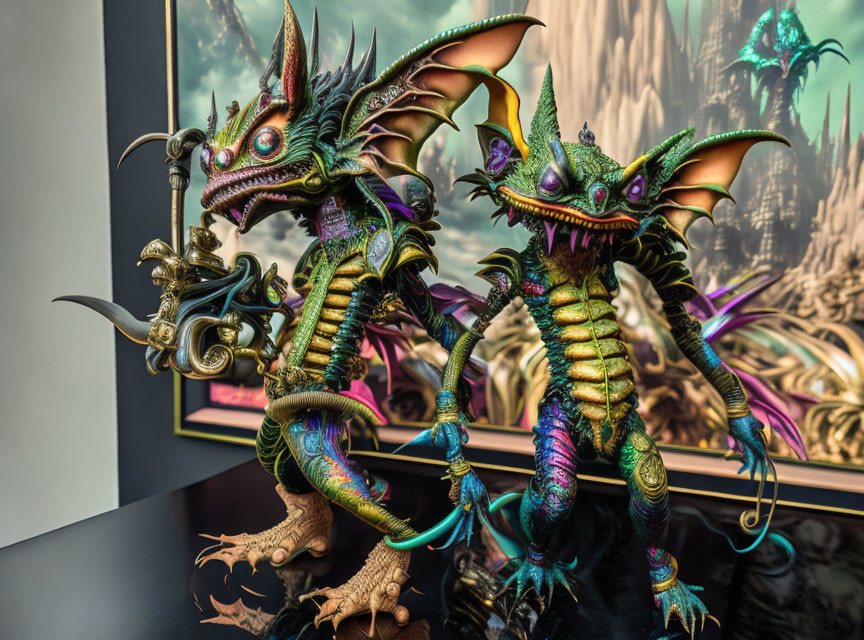 Vibrant dragon statues with iridescent scales in mystical landscape