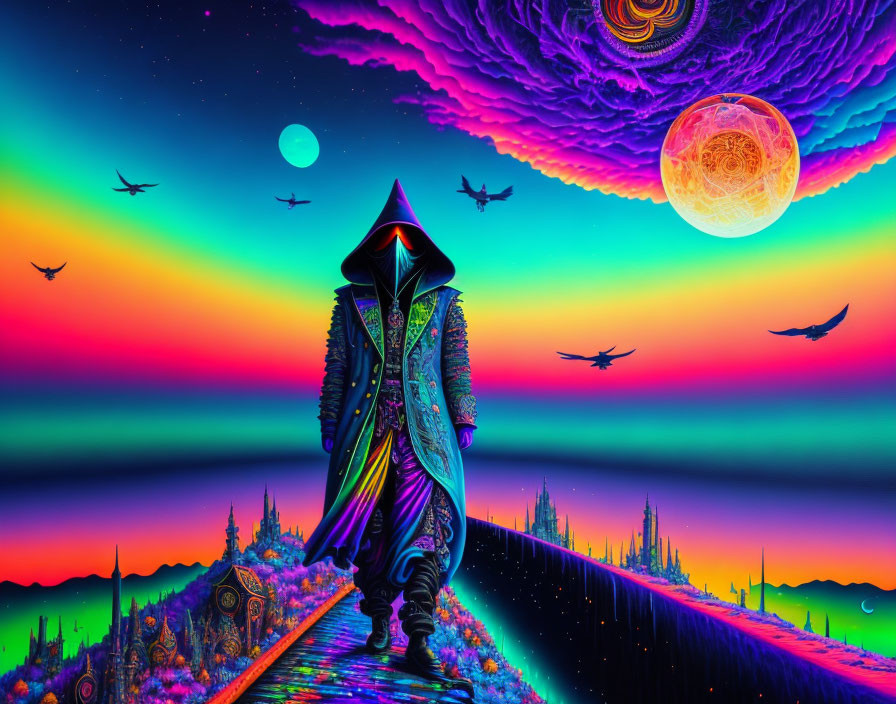 Hooded Figure on Colorful Bridge in Surreal Landscape