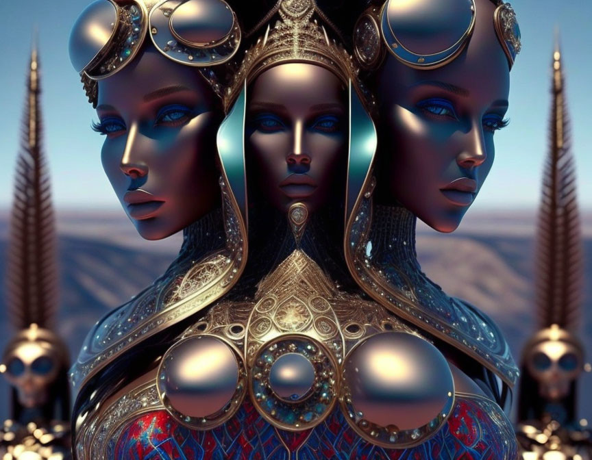 Futuristic female figure with mirrored reflections in triple portrait.