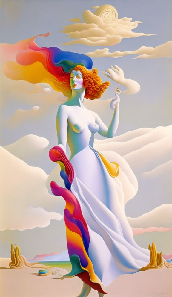 Surreal painting of woman with multicolored hair in dreamlike landscape