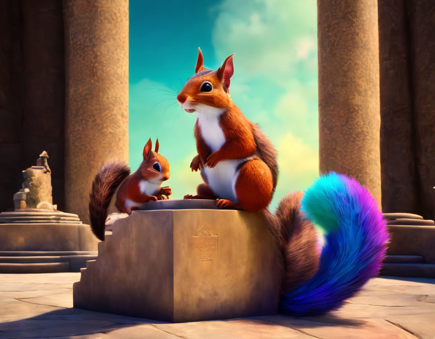 Animated adult and juvenile squirrels on stone platform with colorful tail, surrounded by classical pillars under blue sky