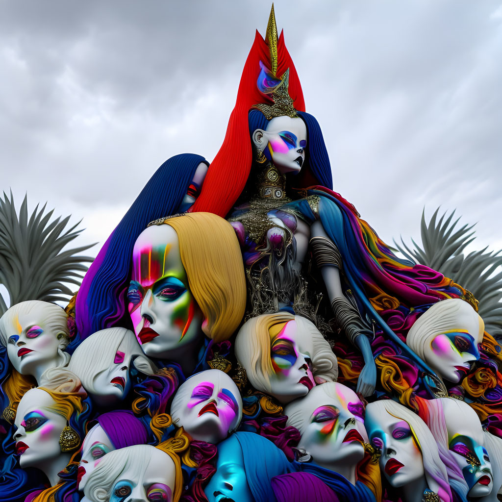 Vibrant stylized faces surrounding regal central figure under cloudy sky