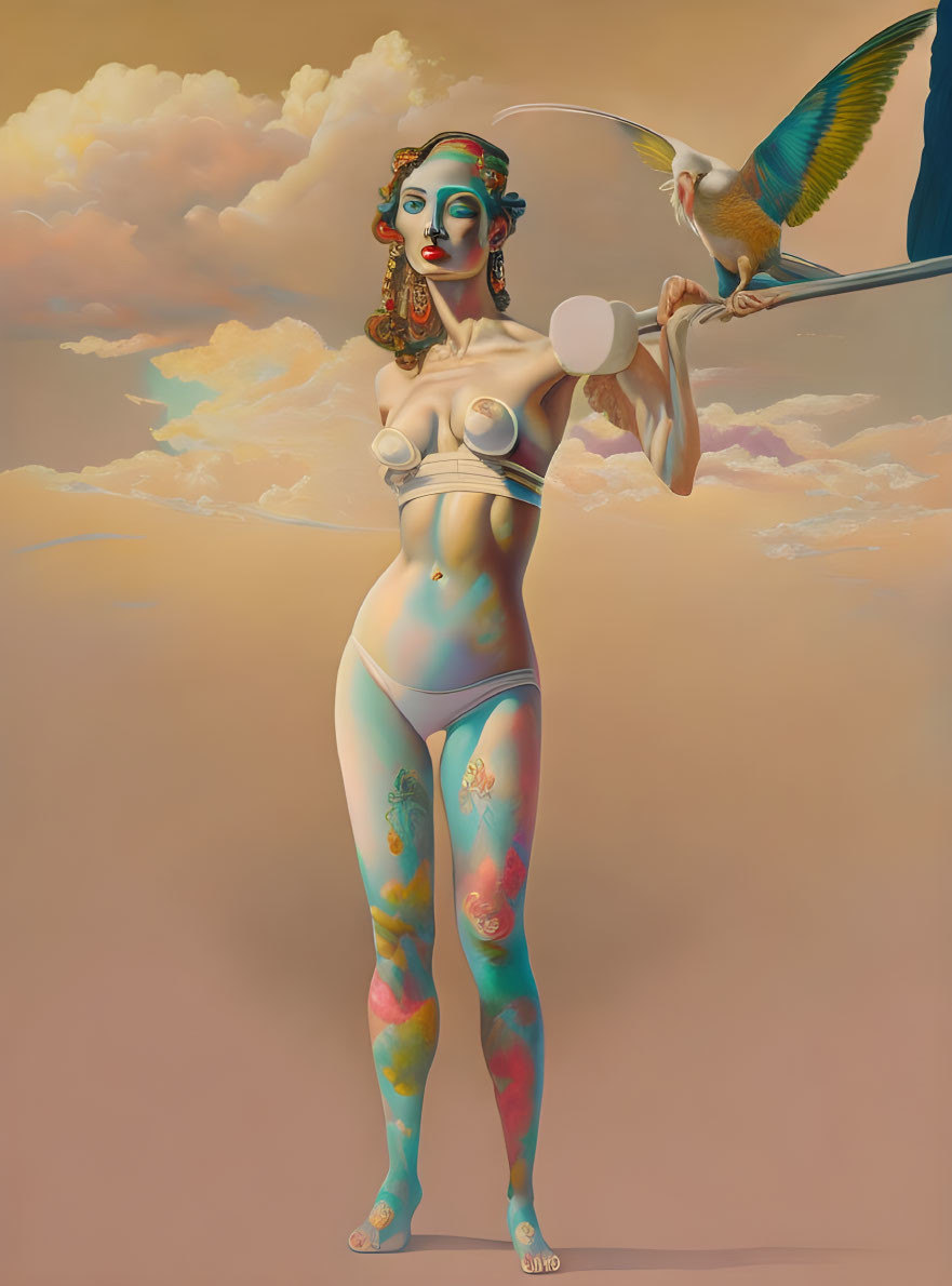 Colorful surreal image of female figure with body paint and elaborate headdress holding modernistic bow with bird