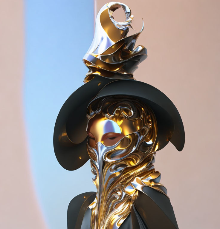 Golden humanoid figure with hat and mask on dual-toned background