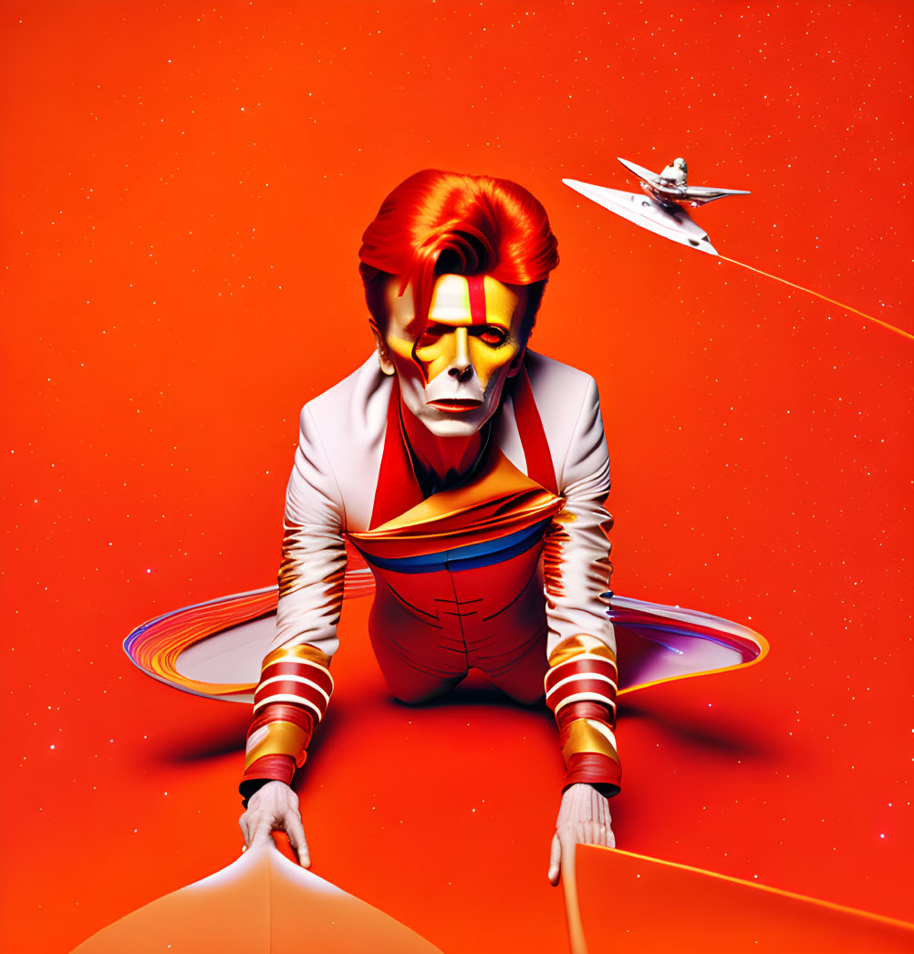 Colorful figure with red hair and lightning bolt face paint in white suit on surreal backdrop with spaceship.