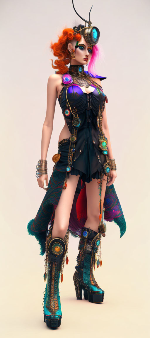 Eclectic steampunk outfit with vibrant hair and goggles