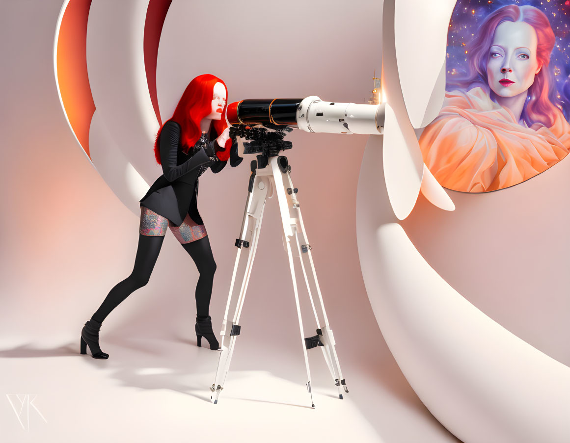 Red-haired woman looking through telescope with ethereal portrait in background