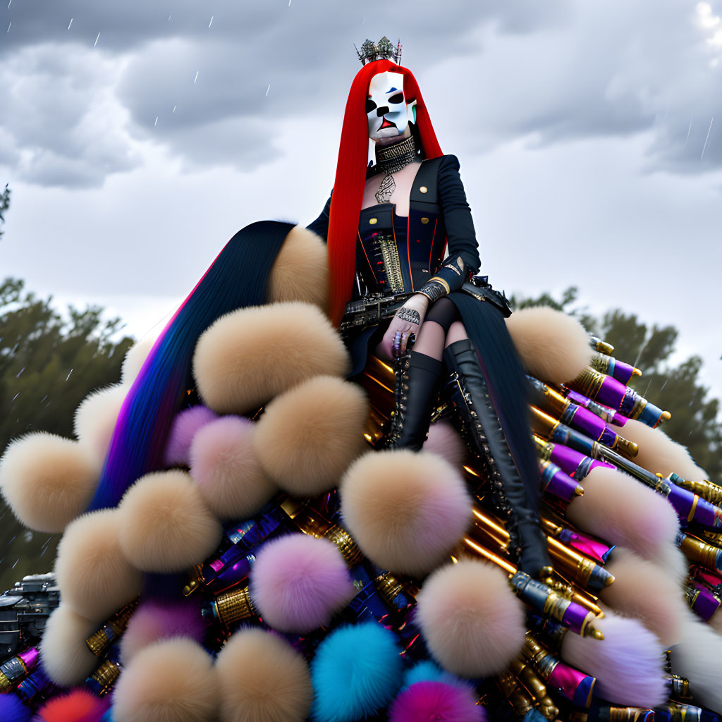 Colorful Hairdryer Throne: Person with Red Mohawk and Striking Makeup in Punk Outfit