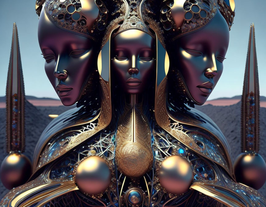 Symmetrical ornate humanoid figures with golden headdresses on desert background