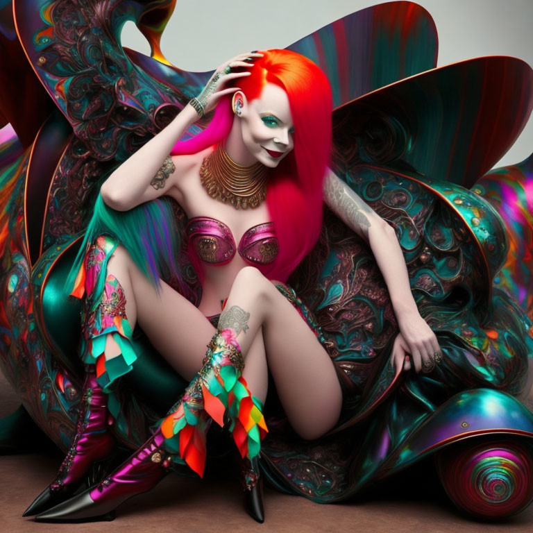 Red-haired woman in vibrant body paint amid colorful abstract shapes wearing metallic bodice and high boots