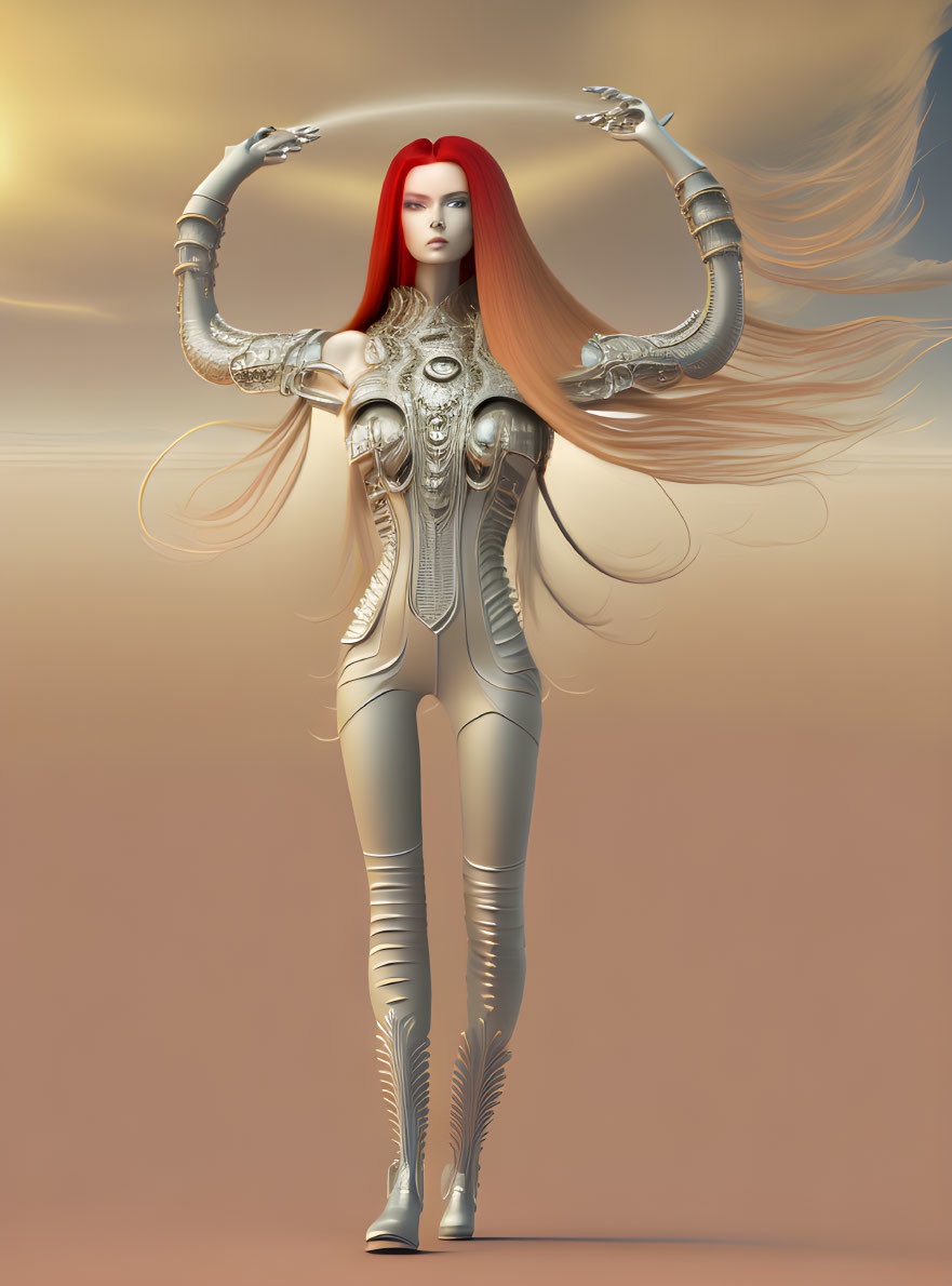 Futuristic female figure in metallic silver bodysuit with red hair