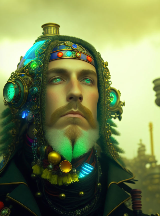 Steampunk-themed man portrait with decorated hat and mechanical details