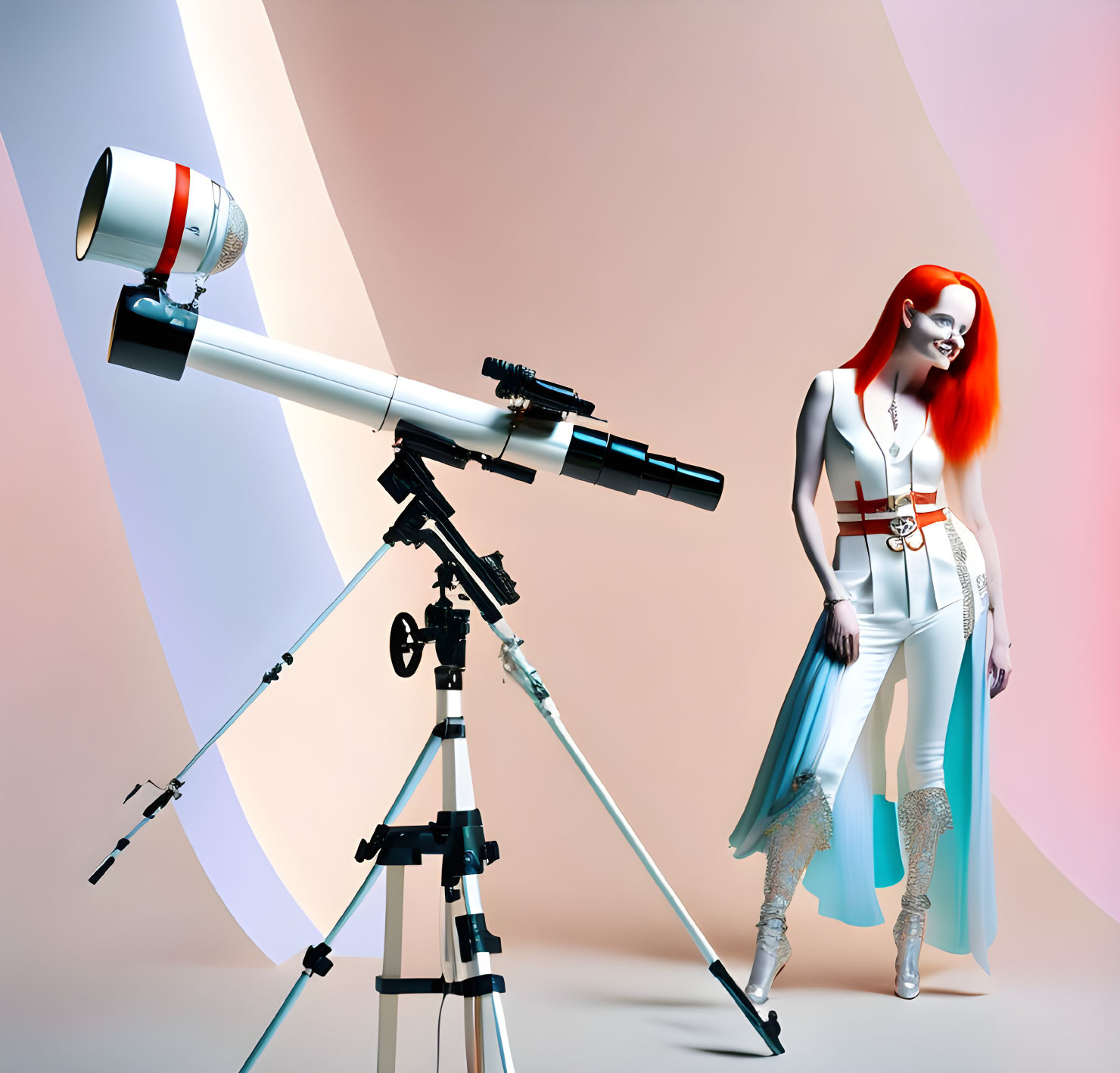 Futuristic female figure with red hair and telescope in white and blue outfit