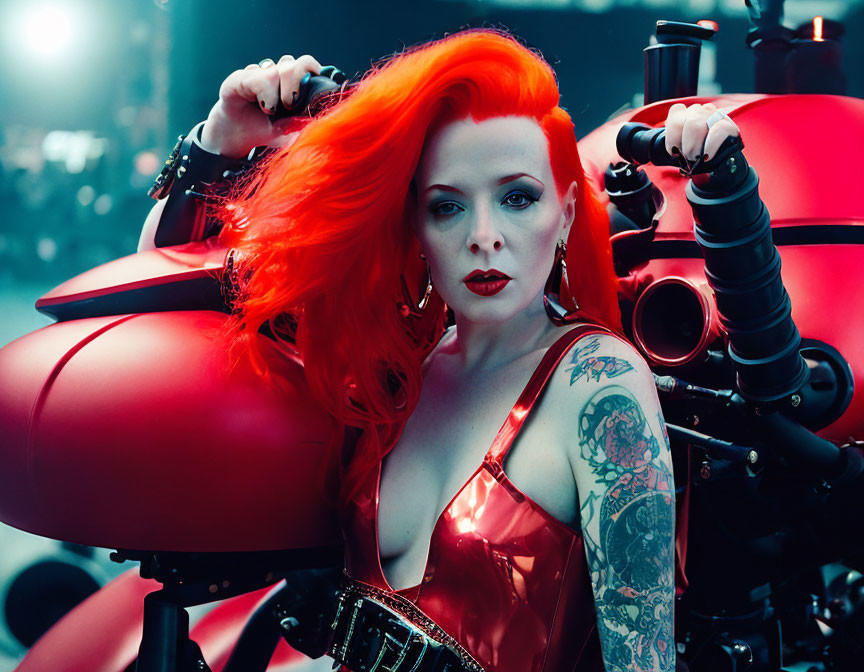 Red-haired woman with tattoos on futuristic motorcycle in neon-lit scene