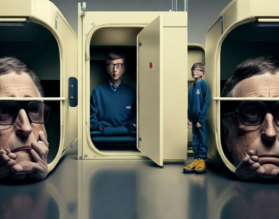 Four identical male figures in different sizes displayed in compartmentalized space