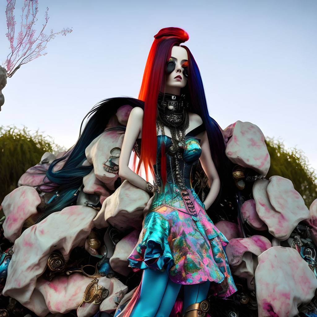 Vibrant Red and Blue Hair on Female Figure in Surreal 3D Illustration