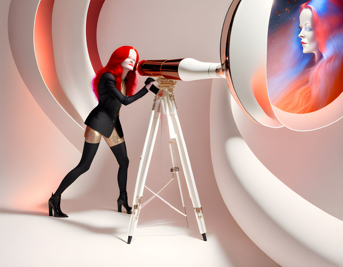 Stylized illustration of a woman with red hair looking through a telescope at another woman with blue hair