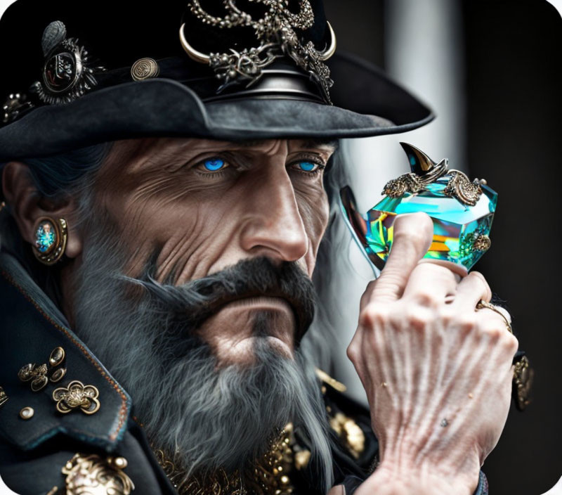 Person with Blue Eyes Wearing Pirate Hat Holding Blue Gem