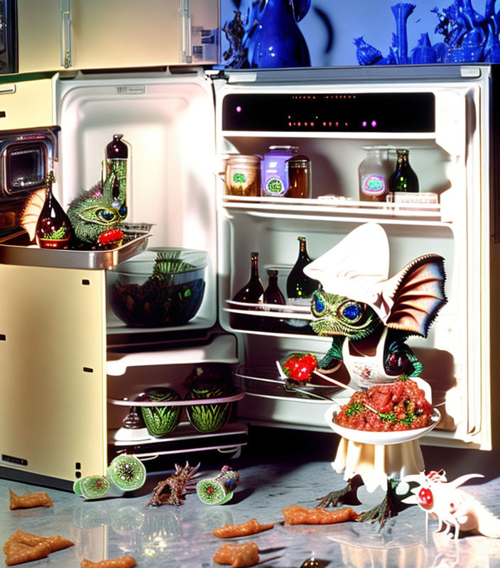 Surreal open fridge with insect-like food items and chef creature