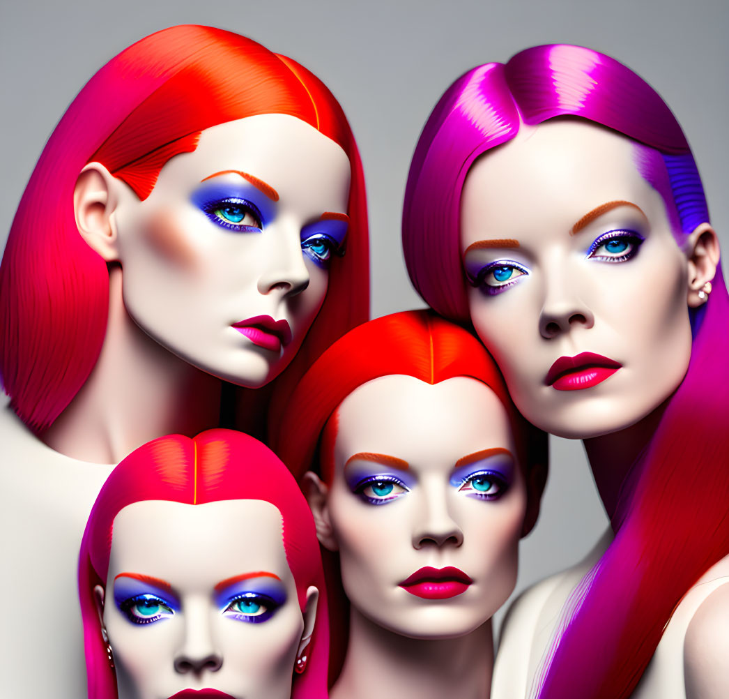 Four female figures with vibrant red and purple hair and bold blue eyeshadow on light background