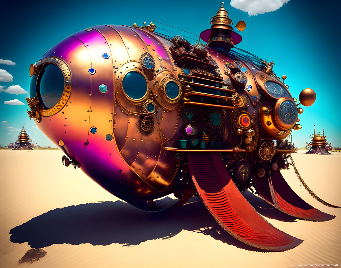 Steampunk-style submarine with gears in desert landscape