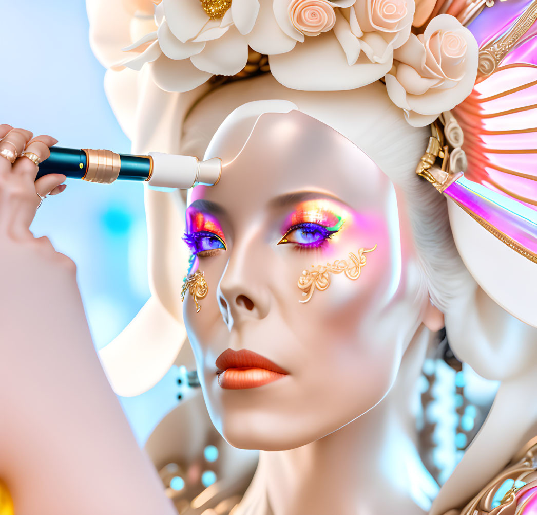 Robotic arm applying makeup to stylized female figure with iridescent skin