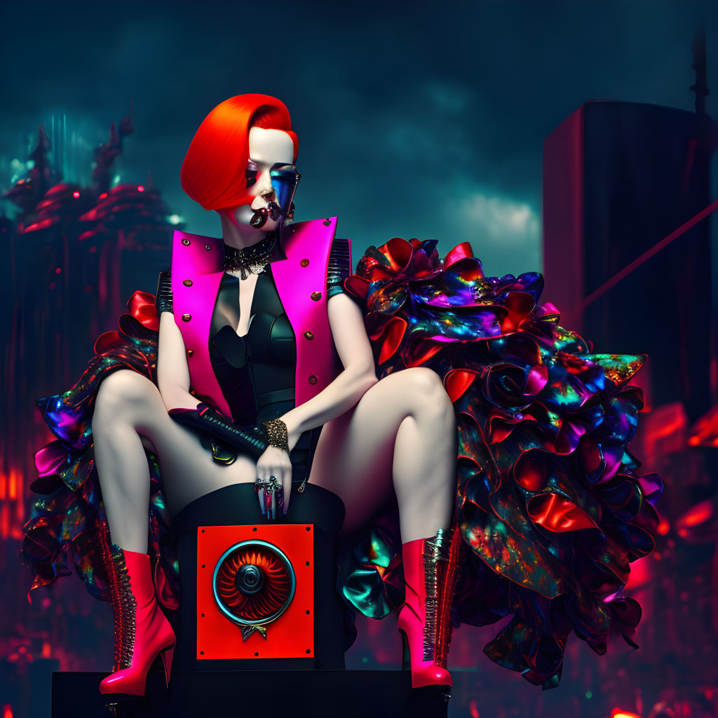Red-haired woman in cyberpunk attire on throne chair with neon cityscape backdrop holding stylized mask