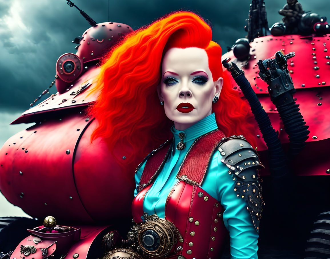 Vibrant red-haired individual in steampunk attire against mechanical backdrop.