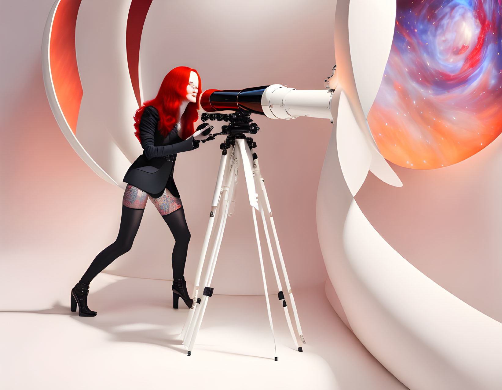 Stylized red-haired woman with telescope in cosmic setting