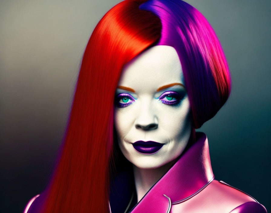 Portrait of a woman with red and purple hair, blue eyes, and dark lipstick on gradient background