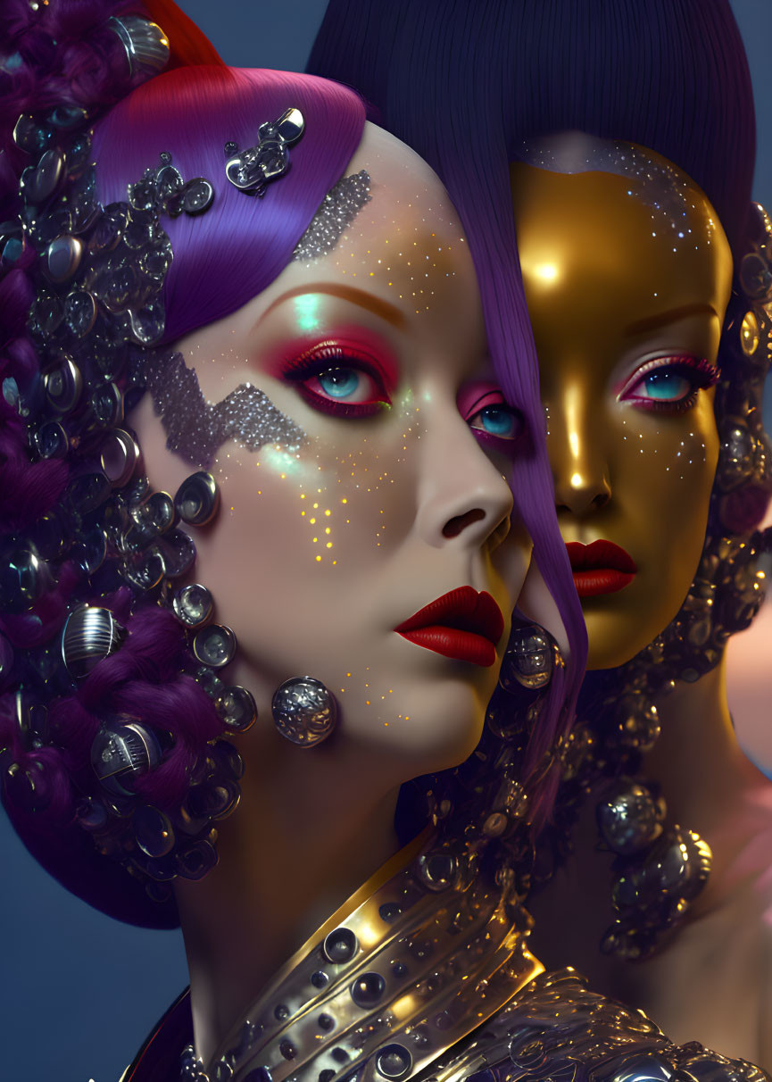 Stylized metallic female figures: purple and gold with ornate hairstyles & vibrant makeup