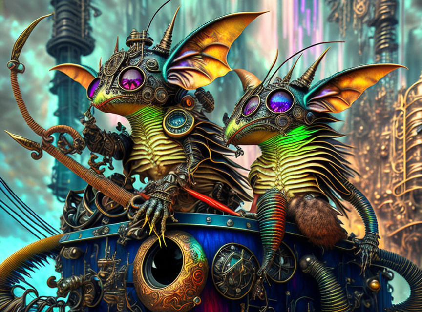 Vividly colored mechanical dragon-like creatures in futuristic setting