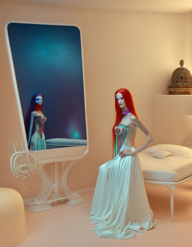 Red-haired woman in blue mask and elegant dress in surreal room with mirror