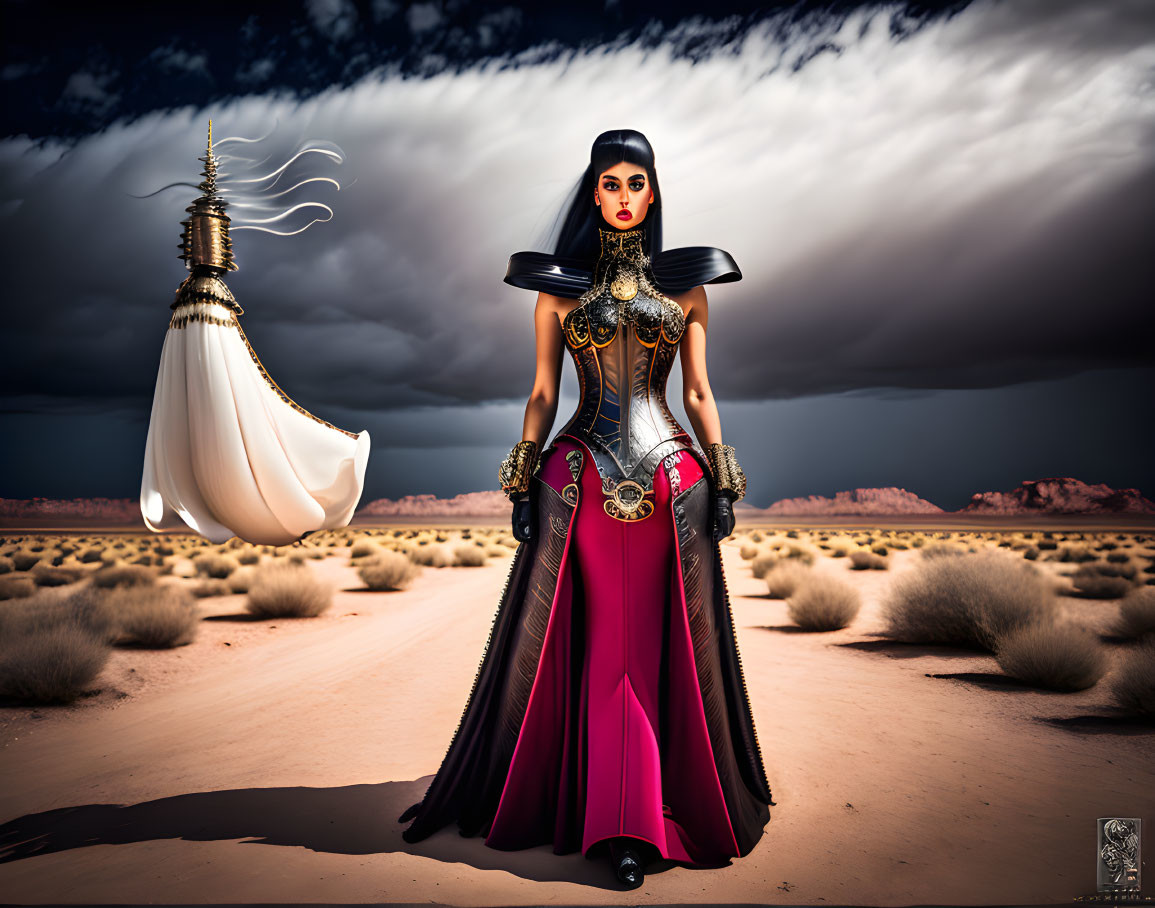 Fantasy female character in black and magenta gown with desert landscape