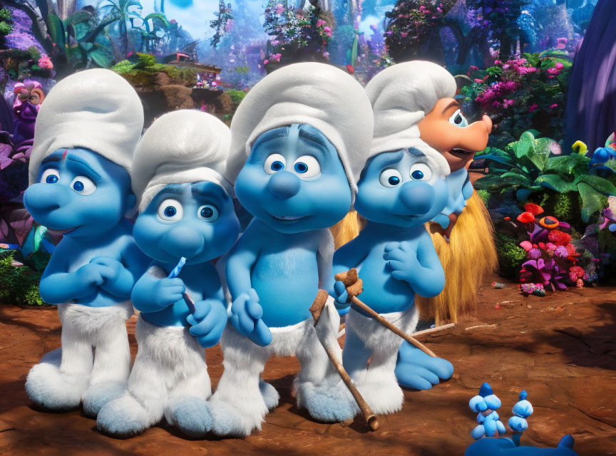 Four blue animated characters with white hats and tails in a forest setting, one holding a broom