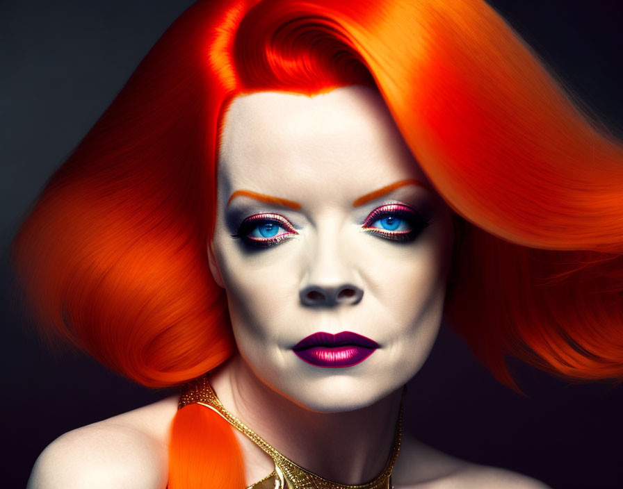 Fiery Orange Hair Woman Portrait on Dark Background