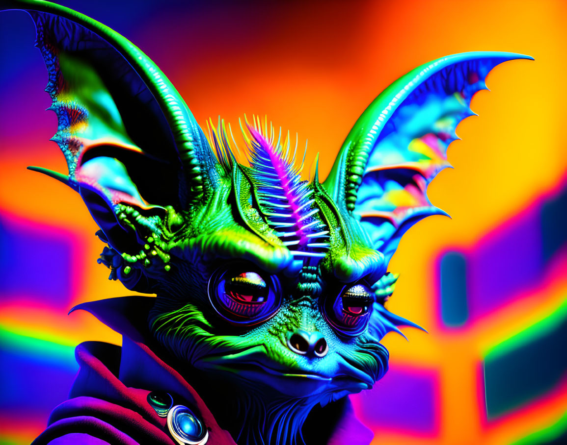 Colorful Digital Artwork: Fantastical Creature with Bat-Like Ears and Neon Skin