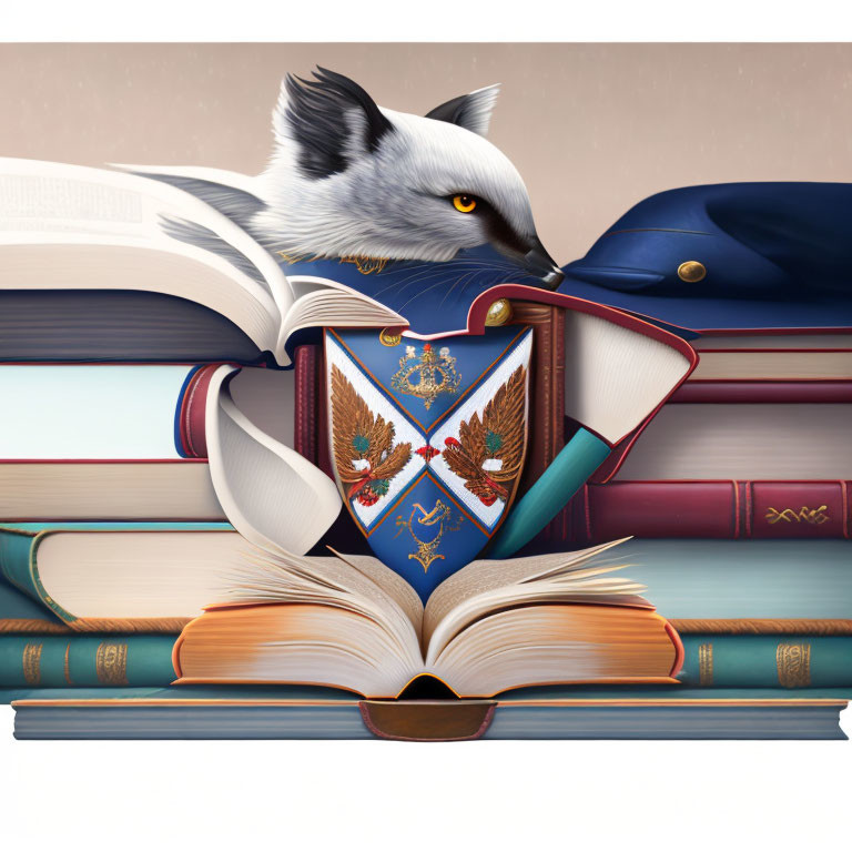 Wolf head peeking from books with shield and hat illustration