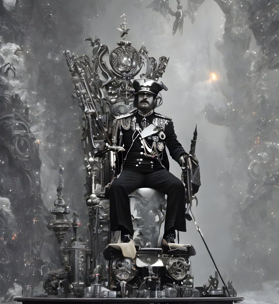 Person in embellished military uniform on ornate throne in foggy mechanical setting