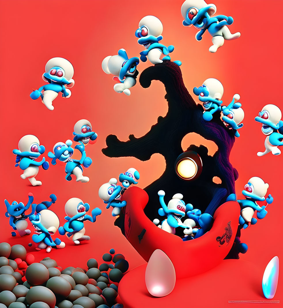 Multiple Smurfs in different poses around a tree stump with lamp and egg on red background