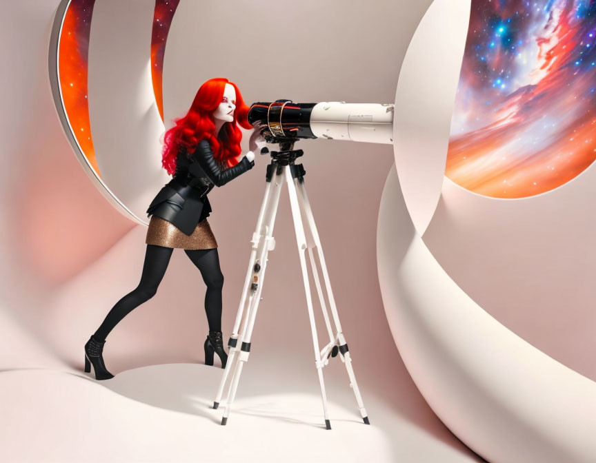 Red-haired woman gazes through telescope against cosmic studio backdrop