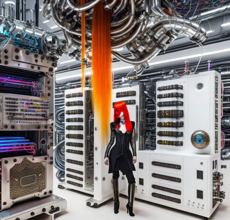 Red-haired woman in futuristic high-tech server room with glowing orange light