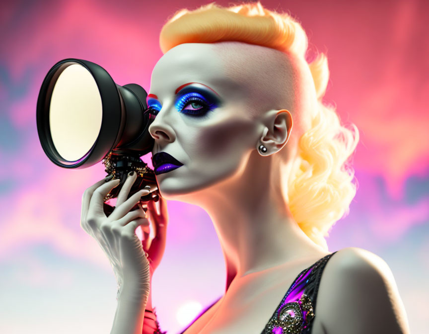 Colorful makeup and mohawk hairstyle against vibrant background with circular object