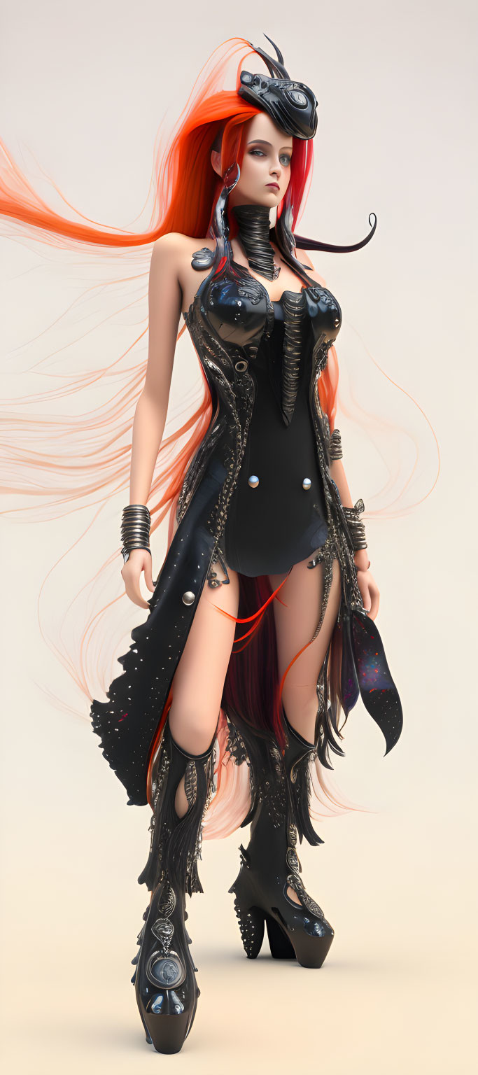 Stylized 3D illustration of female figure in futuristic outfit