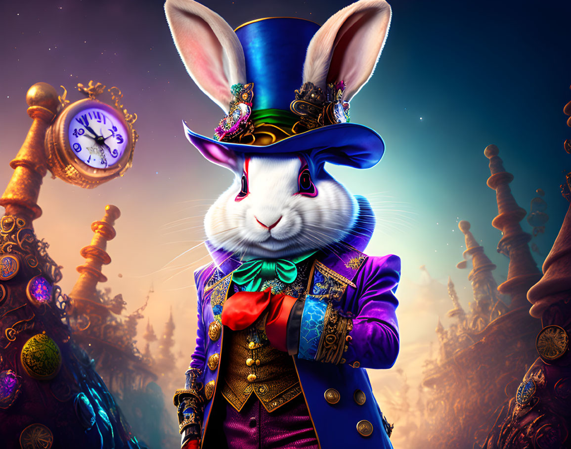 Colorful Anthropomorphic Rabbit in Suit & Top Hat with Chess-Piece Background